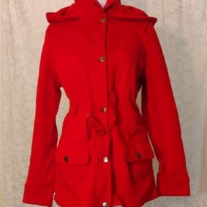 Women's Red Hooded Fleece Like Material Jacket